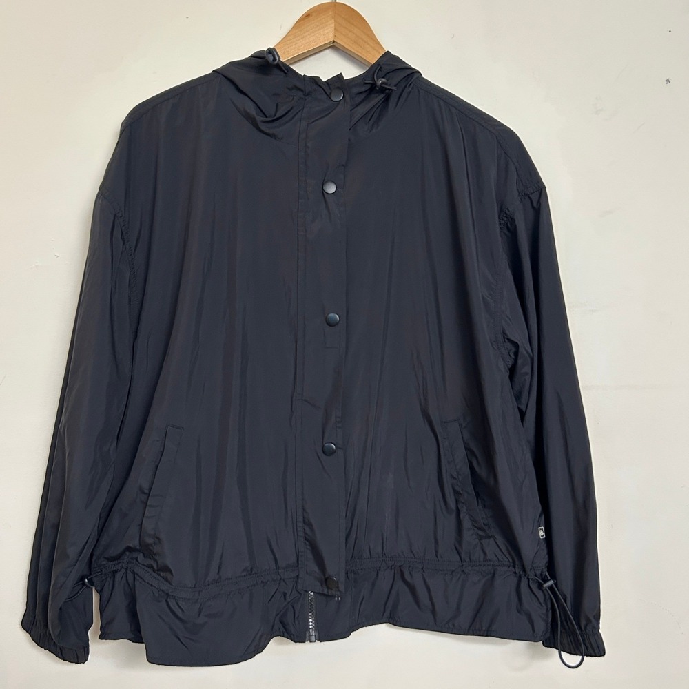 Lou & Grey Windbreaker Jacket Womens Medium Black Hooded Zip Snap Utility Pocket